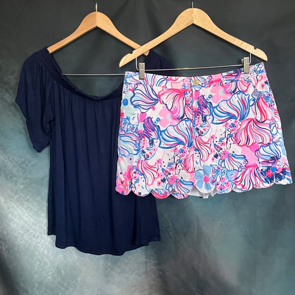 Lilly Pulitzer Navy Off Shoulder Top L and Scalloped‎ Floral Skort 12 Set - Picture 2 of 9